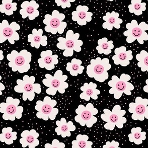 Happy day - retro smiley daisies - spring blossom nineties trend pink white on black