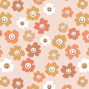 Happy day - retro smiley daisies - spring blossom nineties trend orange beige rust on sand seventies palette