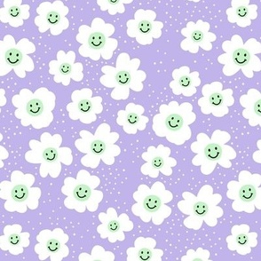 Happy day - retro smiley daisies - spring blossom nineties trend mint white on lilac purple