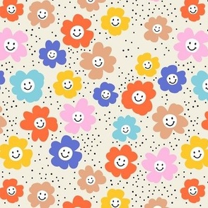 Happy day - retro smiley daisies - spring blossom nineties trend pink on blue yellow orange bright palette