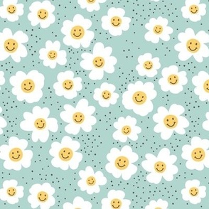 Happy day - retro smiley daisies - spring blossom nineties trend yellow on blue