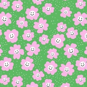 Happy day - retro smiley daisies - spring blossom nineties trend pink on apple green