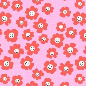 Happy day - retro smiley daisies - spring blossom nineties trend tangerine orange on pink