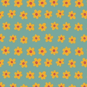 Yellow Flowers on a Teal Background 10x10