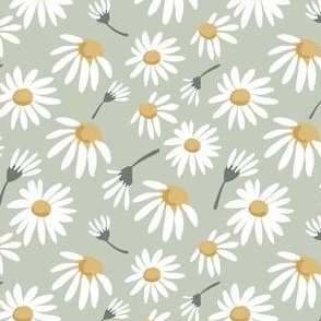 sage green daisies with stems flora print