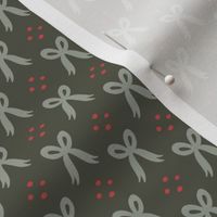 Sage Holiday Bows {on Olive} Classic Christmas Ribbons with Muted Red Tiny Dots