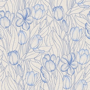 Natural off white canvas textured French blue tulip embroidery print