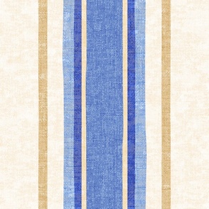 Rustic Natural White French Blue Yellow Linen Bold Ticking Stripes