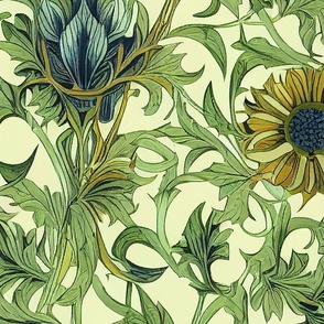 Sunflower trellis wallpaper and green on cream by kedoki