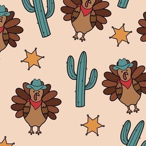 Thanksgiving - Western Turkey with Cowboy Hat, Cactus, and Sheriff Star