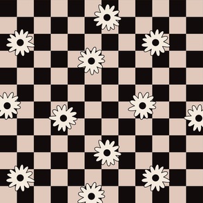 Floral Checkerboard - Beige and Black