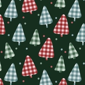 Gingham Christmas Trees on Forest Green Background