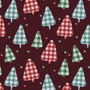 Gingham Christmas Trees on Maroon Background