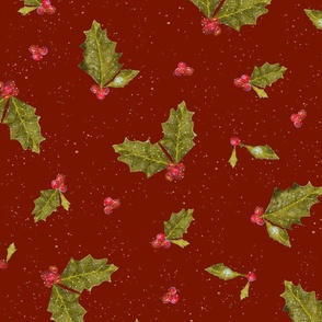 Christmas Holly and Berries on Snowy Burnt Red | Large Scale