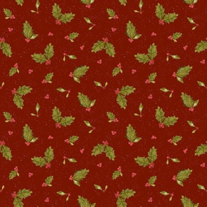 Christmas Holly and Berries on Snowy Burnt Red | Small Scale