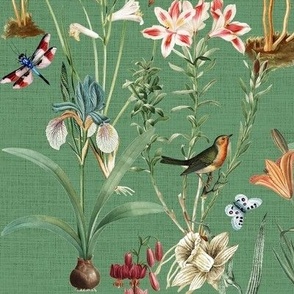 Garden Of Dragonflies Green Linen // 18" repeat