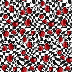 Red Watercolor Cherries on Black and White Wonky Surreal Checkers (Extra Small Scale)