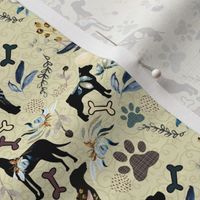 Dogs among flowers//Cream background, small, paws, bones, floral