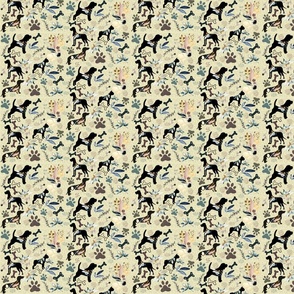 Dogs among flowers//Cream background, small, paws, bones, floral