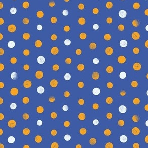 [Medium] Stamped polka dots - White and orange on blue:  Hand stamped, fun, abstract, geometric, kids