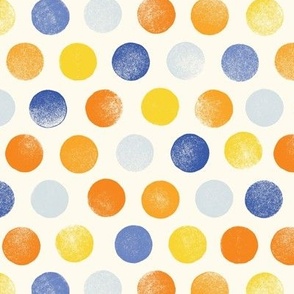 [M] Colorful Stamped Polka Dots - Yellow, orange and blue dots on  cream. Hand stamped fun geometric print. Kids, Gender neutral, Nursery, Cute, Childhood  