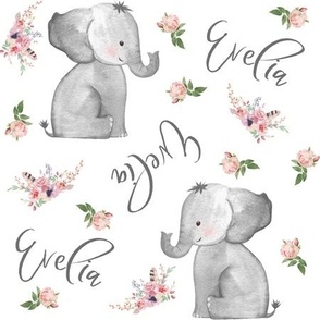 Baby Elephants and Pink Floral / Personalized 