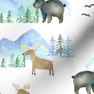 Watercolor Mountain Scape Woodland Animals