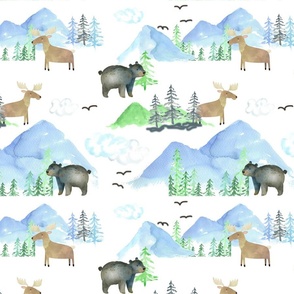 Watercolor Mountain Scape Woodland Animals