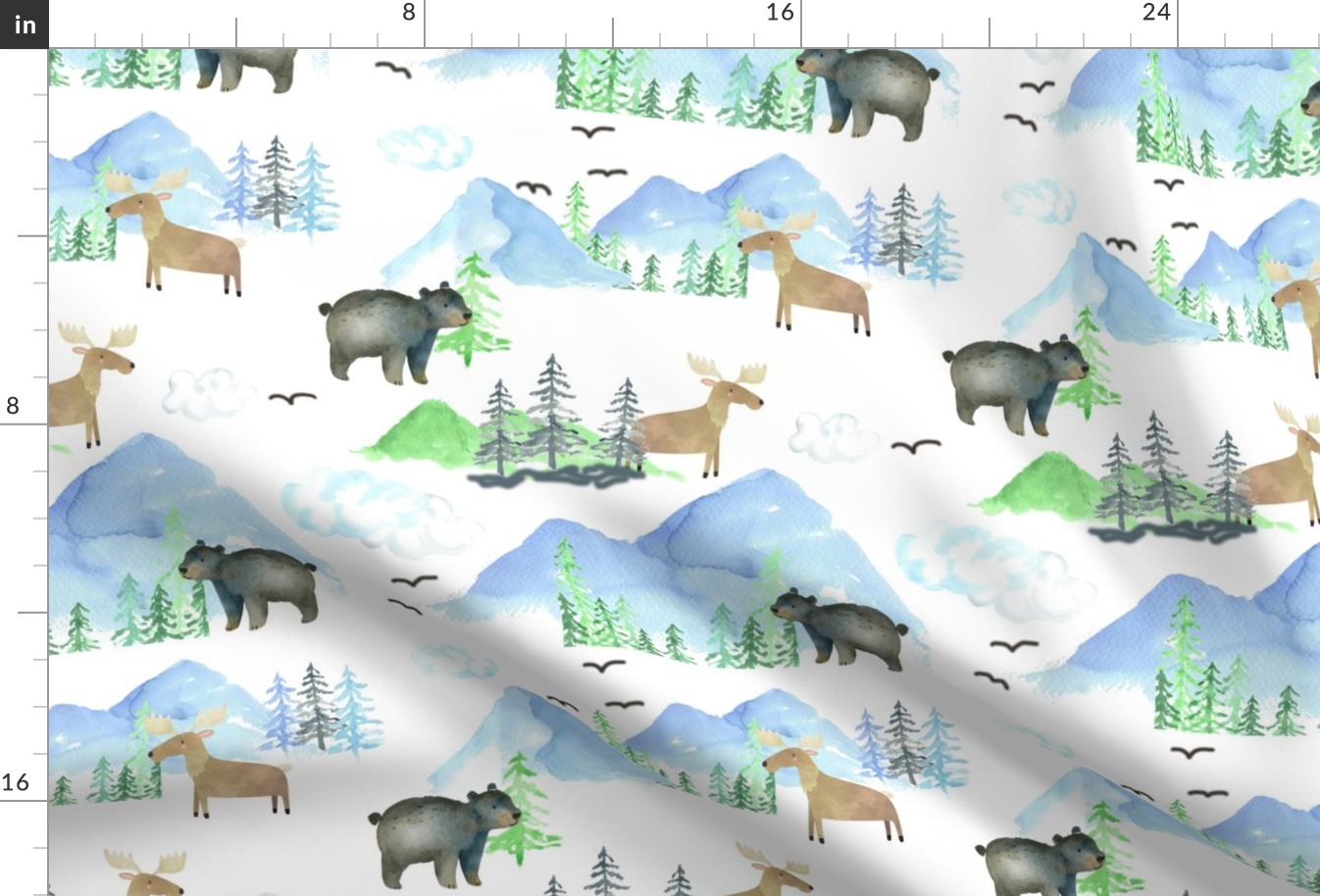 Watercolor Mountain Scape Woodland Animals