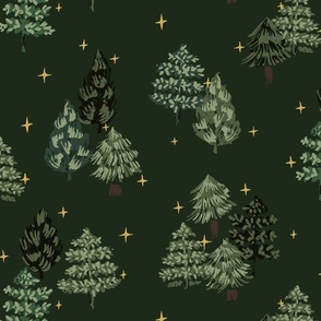 Starry night pine trees - dark green, forest green and yellow // big scale