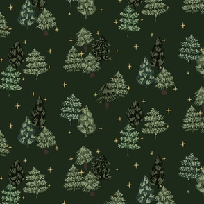 Starry night pine trees - dark green, forest green and yellow // medium scale