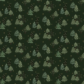 Starry night pine trees - dark green, forest green and yellow // small scale