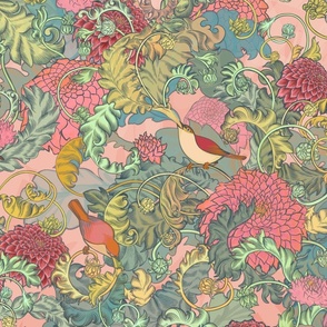 1920's vintage whimsical kitsch floral - sage and pink singing sparrow birds 
