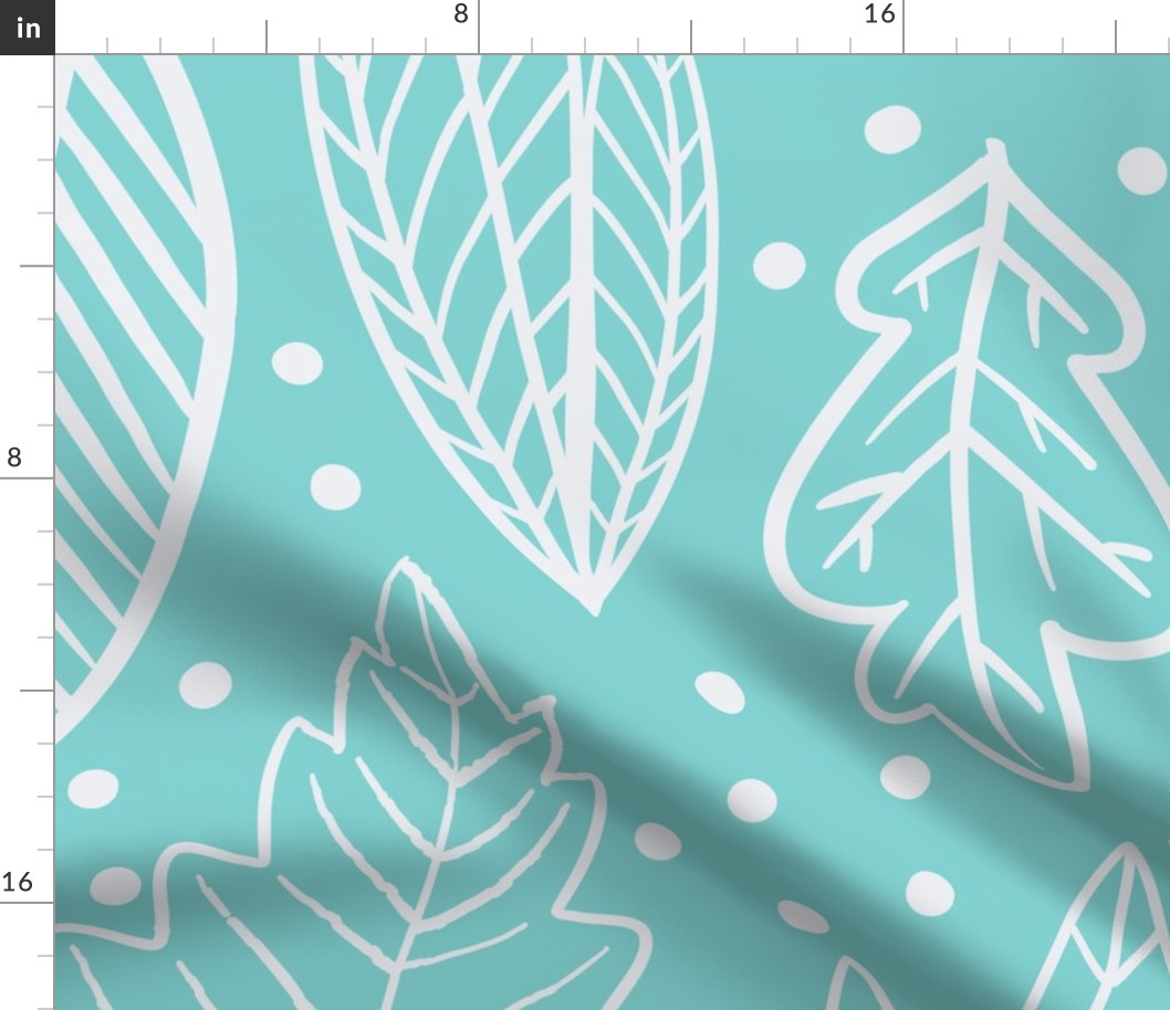 white leaves on a Turquoise background - large scale