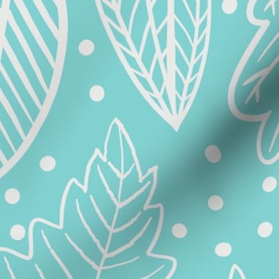 white leaves on a baby Turquoise background - medium scale