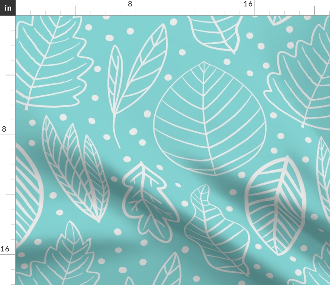 white leaves on a baby Turquoise background - medium scale