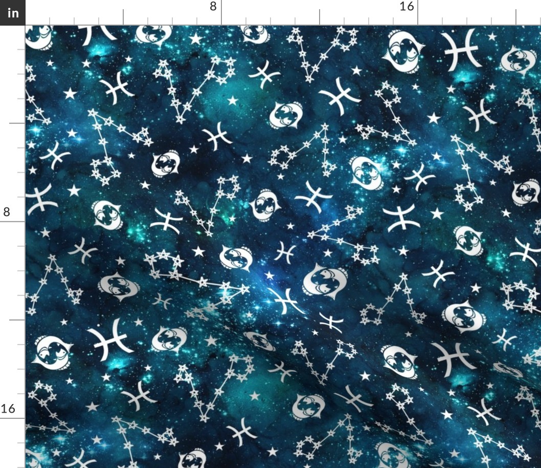 Large Scale Pisces Zodiac Signs Constellations on Teal Galaxy