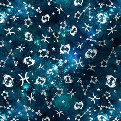 Medium Scale Pisces Zodiac Signs Constellations on Teal Galaxy