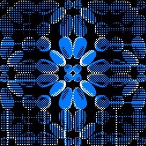 PFLR19 - Pixelated Floral Lace in Blue on Black with White Accents - Medium Scale