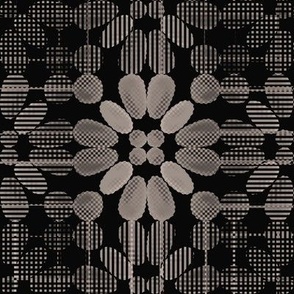 PFLR18 - Pixelated Floral Lace in Neutral Grey on Black  - 8 inch fabric repeat - 12 inch wallpaper repeat