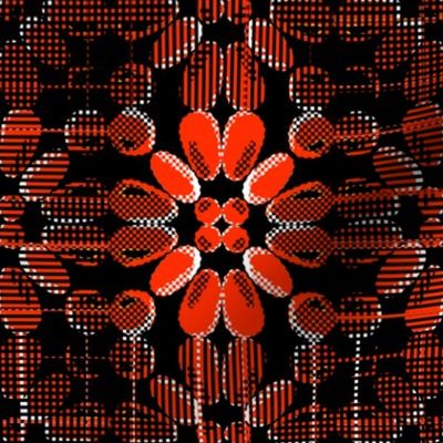 PFLR17 - Pixelated Floral Lace in Red- Orange on Black with White Accents - Medium Scale