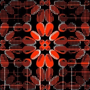 PFLR17 - Pixelated Floral Lace in Red- Orange on Black with White Accents - Medium Scale