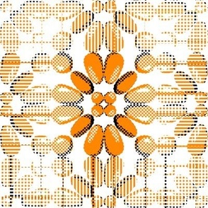 PFLR11 - Pixelated Floral Lace in Orange on Palest Grey with Black Accents