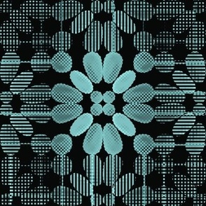 PFLR16 - Pixelated Floral Lace in Rustic Aqua Pastel on Black - 8 Inch Motif