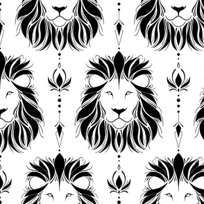 lion - black and white tribal lion and lotus flower - hand-drawn big cat