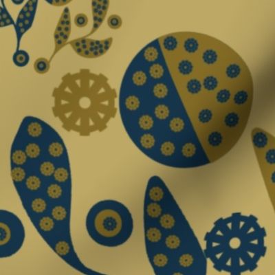Peacock Blue and Gold Bay leaves repeating pattern 