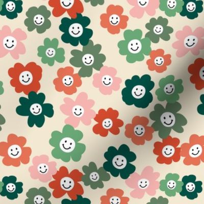 Happy retro blossom cutesy christmas happy holidays - smiley daisy christmas flowers vintage smile kids design red green seasonal palette