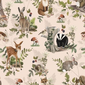 Woodland Forest Animals with Trees and Leaves in Warm Clover Pink