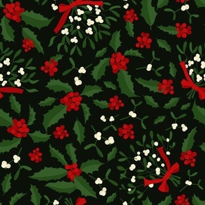 Christmas holly and mistletoe, dark background