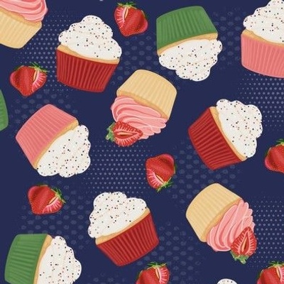 Ditsy Strawberry Cupcakes on Navy